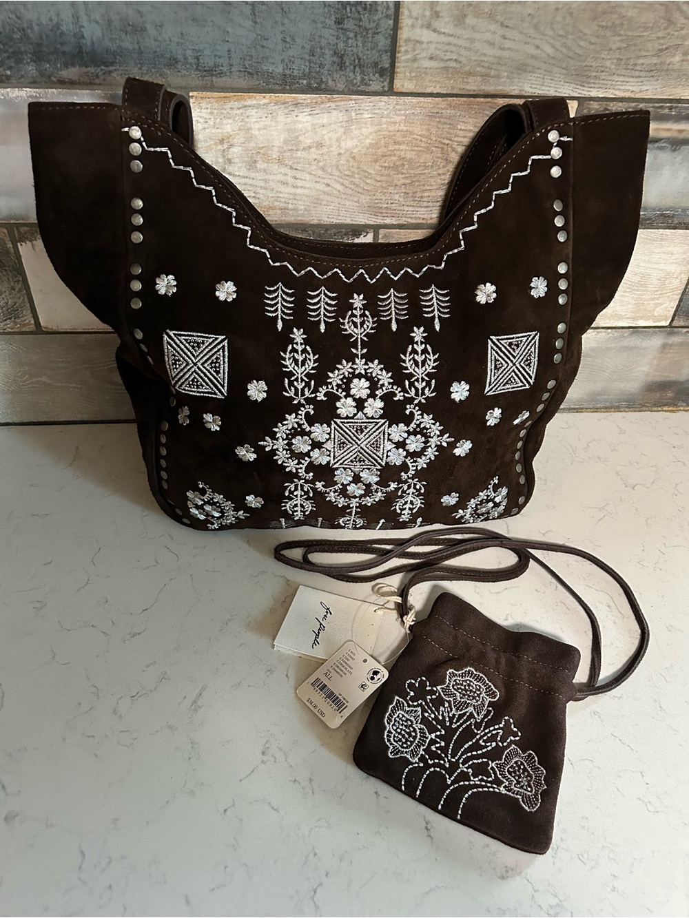 Free People Eden Embroidered Suede Tote + Eden Mini Pouch in Espresso